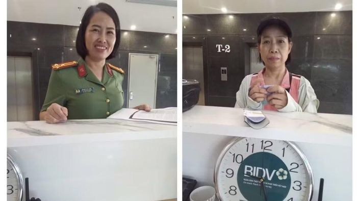 Thượng tá Phạm Thị Liên trao trả số tiền 8,5 triệu đồng cho bà Vũ Thị Bông. (Ảnh: Bộ Công an)