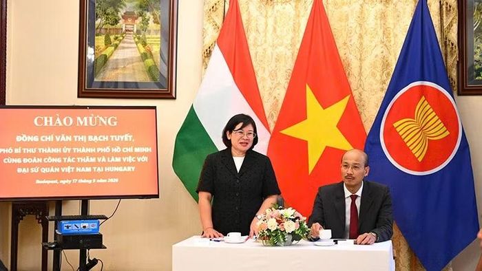 Đoàn công tác Thành ủy Thành phố Hồ Chí Minh gặp gỡ Đại sứ quán Việt Nam và cộng đồng người Việt tại Hungary. (Ảnh: Đoàn công tác cung cấp)
