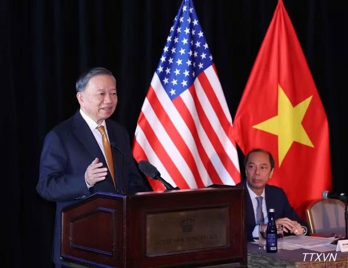 Tổng Bí thư, Chủ tịch nước Tô Lâm phát biểu tại buổi gặp gỡ các chuyên gia, trí thức người Việt Nam tại Hoa Kỳ. (Ảnh: TTXVN)