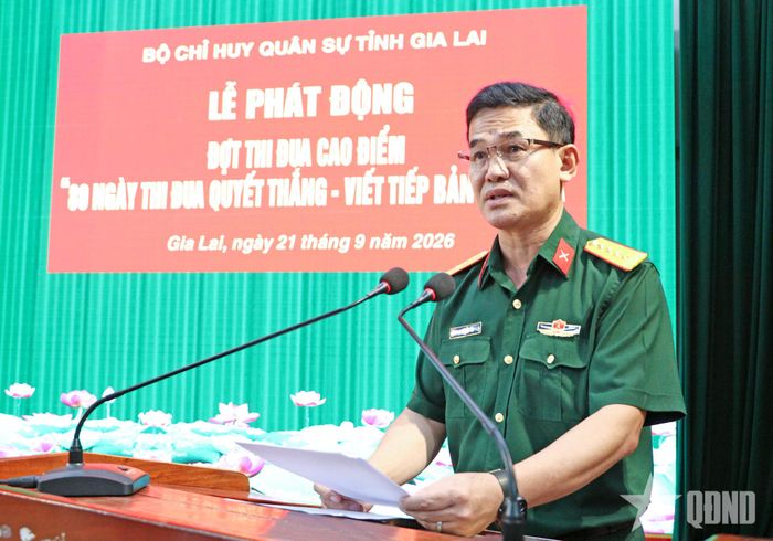 Đại tá Võ Tấn Tài, Chính ủy Bộ CHQS tỉnh, Chủ tịch Hội đồng Thi đua - Khen thưởng Bộ CHQS tỉnh Gia Lai phát biểu.