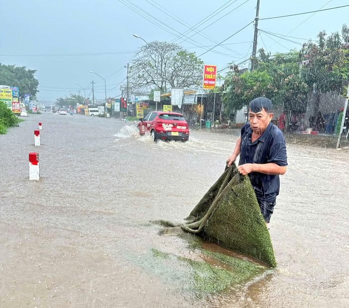 Ông Trần Văn Long kéo các vật cản nơi miệng cống giữa trời mưa.