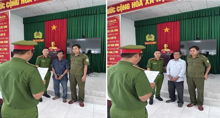 Điều tra viên đọc Lệnh bắt bị can để tạm giam đối với Võ Hoàng Chí (bên trái) và Nguyễn Quốc Việt (bên phải). (Ảnh:CA)