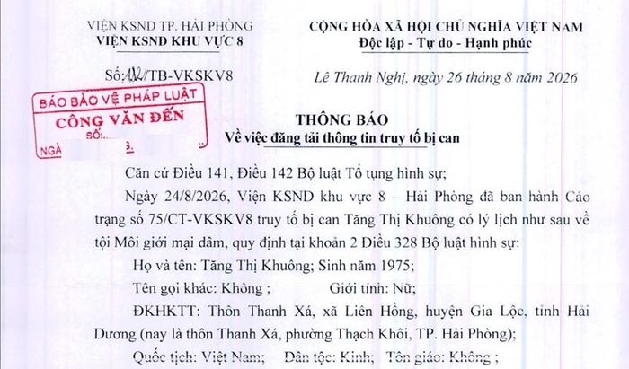 VKSND khu vực 8, TP Hải Phòng thông báo truy tố bị can Tăng Thị Khuông.