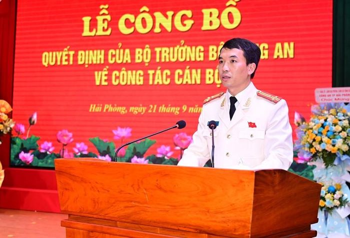 Thượng tá Nguyễn Văn Đức, Phó Giám đốc Công an TP Hải Phòng phát biểu tại lễ công bố.