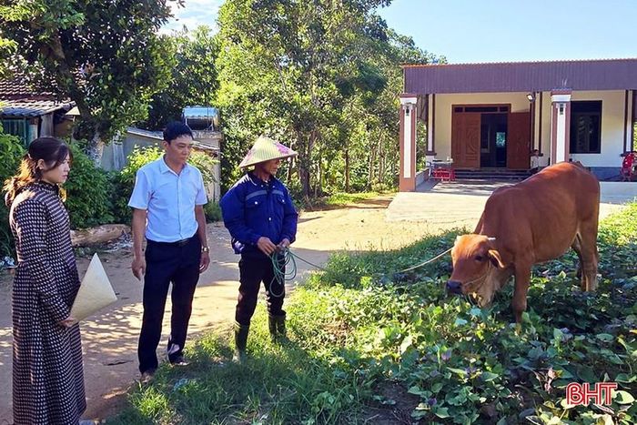 Cán bộ thôn và xã thường xuyên đến thăm, động viên và hướng dẫn kiến thức chăn nuôi bò cho các hộ được hỗ trợ sinh kế.