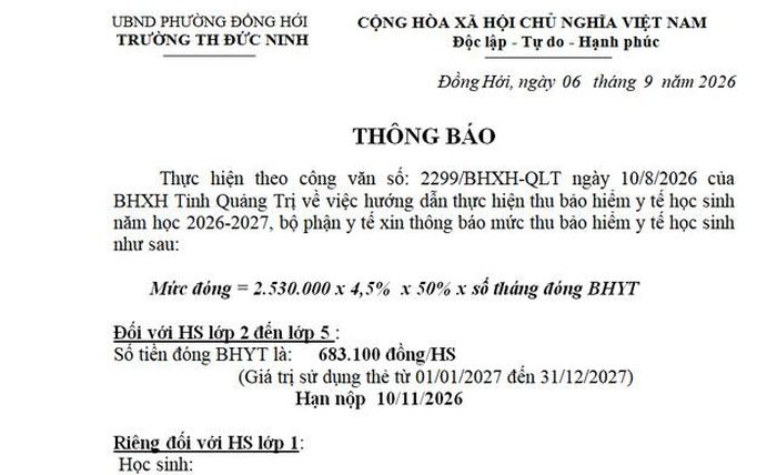 Thông báo mức thu BHYT học sinh tại Trường Tiểu học Đức Ninh.