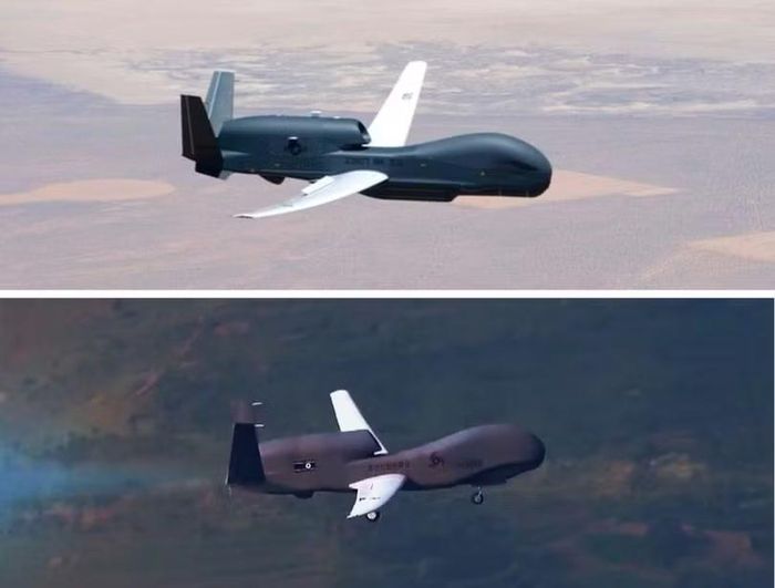 UAV kiểu Saetbyol-4 (dưới) của Triều Tiên có hình dạng giống như RQ-4 Global Hawk của Mỹ. Ảnh: Vnetnews.