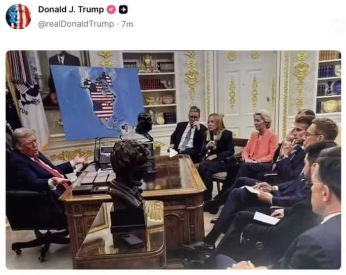 Ông Trump từng khiến người Canada tức giận khi đăng ảnh chế gặp mặt các nhà lãnh đạo châu Âu với bản đồ vẽ cờ Mỹ trùm lên lãnh thổ Canada. Ảnh: QQnews.
