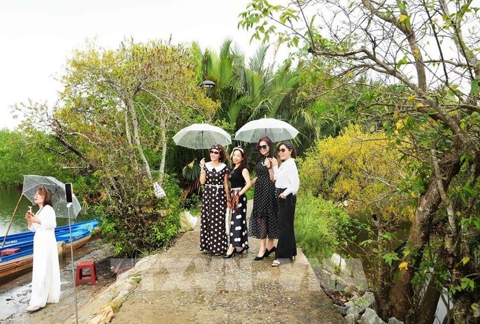 Du khách chụp ảnh trong khu vực rừng ngập mặn Rú Chá ở thành phố Huế. Ảnh: Nguyên Lý - TTXVN