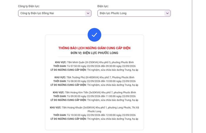 Lịch ngừng cấp điện tại Đồng Nai ngày mai 22/9 được cập nhật ngày 21/9 tại website của EVNSPC. Ảnh: BNEWS phát
