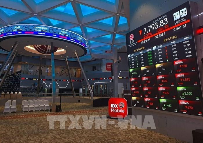 Bảng điện tử tại Sàn Giao dịch Chứng khoán Indonesia (IDX) ở Jakarta. Ảnh: Minh Thái – PV TTXVN tại Indonesia 