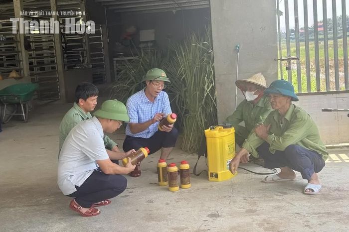 Cán bộ xã Nông Cống đến hộ chăn nuôi hướng dẫn pha hoá chất và phun khử khuẩn.