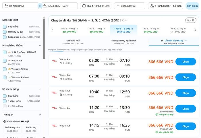 Hành khách có thể tìm kiếm và so sánh nhiều chuyến bay trên Traveloka