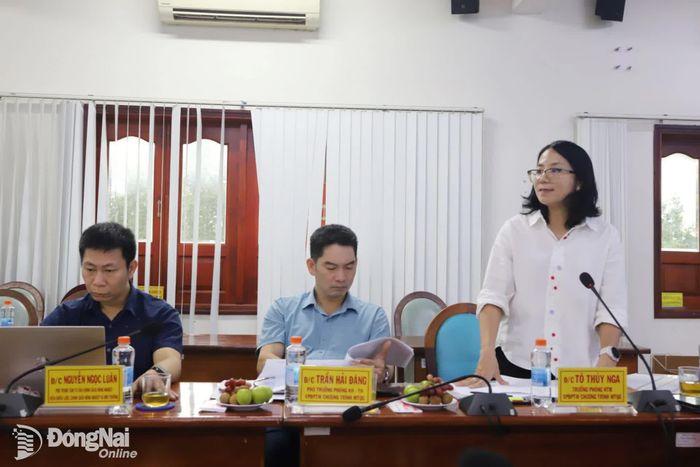 Bà Tô Thúy Nga, Trưởng phòng Nông thôn mới, Văn phòng Điều phối Trung ương Chương trình mục tiêu quốc gia phát biểu ý kiến tại buổi làm việc. Ảnh: B.Nguyên