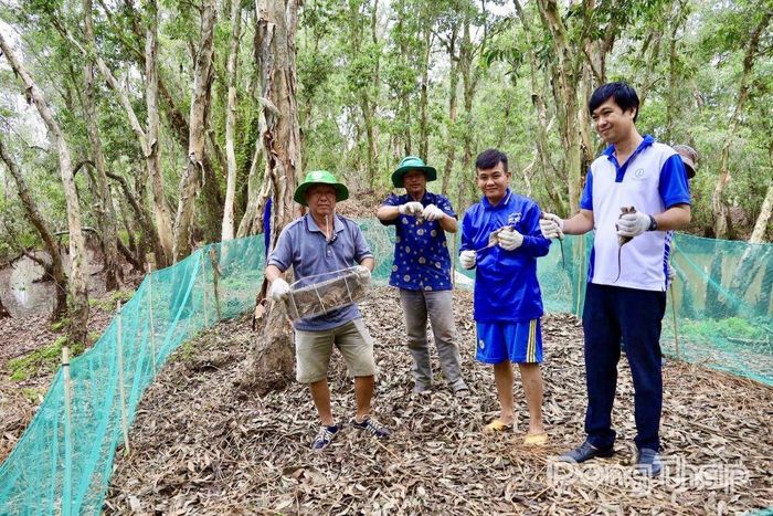 Người dân và du khách tham gia mô hình Khai thác chuột đồng từ chà, góp phần đa dạng sinh kế gắn với phát triển du lịch trải nghiệm tại vùng đệm Vườn Quốc gia Tràm Chim.