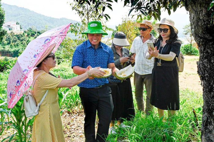 Du khách tham quan vườn và thưởng thức đặc sản trái cây tại xã La Dạ