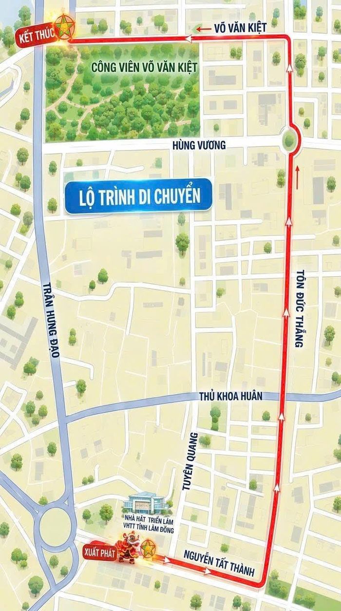 Lộ trình diễu hành kéo dài trên quãng đường 2 km, bao gồm các tuyến đường: Nguyễn Tất Thành, Tôn Đức Thắng, Võ Văn Kiệt và kết thúc tại công viên Võ Văn Kiệt