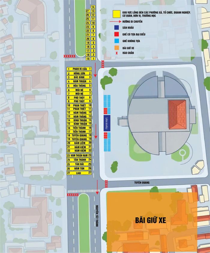 Sơ đồ tập trung dự kiến của 19 xã, phường tại khu vực sân khấu ngoài trời Nhà hát và Triển lãm văn hóa nghệ thuật tỉnh, đường Nguyễn Tất Thành, phường Phan Thiết, tỉnh Lâm Đồng