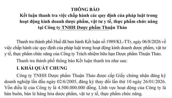 Dược phẩm Thuận Thảo bị thanh tra chỉ ra loạt vi phạm, thiếu sót về thuế.