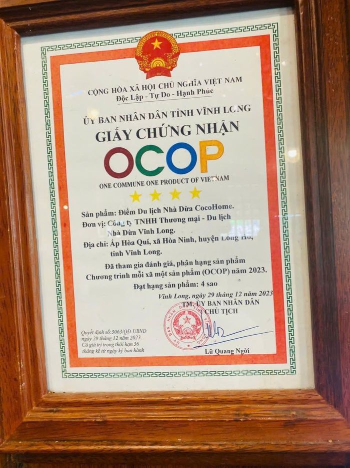 Điểm du lịch Nhà dừa CoCoHome được Ủy ban nhân dân tỉnh Vĩnh Long chứng nhận OCOP đạt hạng sản phẩm 4 sao