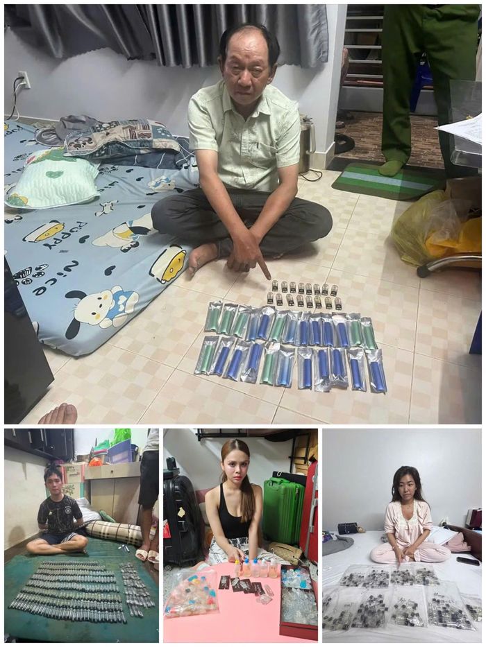 Các đối tượng Nguyễn Văn Tâm, Phạm Minh Sang, Phạm Ngọc Như Huỳnh và Phạm Phương Anh cùng tang vật.