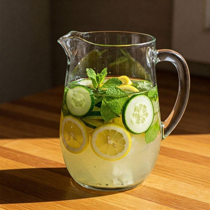 Nước detox gồm dưa chuột, chanh và lá bạc hà.