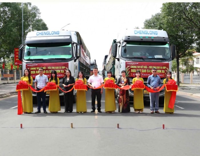 Các đại biểu thực hiện nghi thức bàn giao sản phẩm gạo cho doanh nghiệp.
