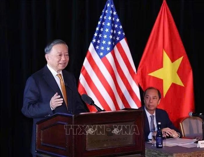 Tổng Bí thư, Chủ tịch nước Tô Lâm phát biểu tại buổi gặp gỡ chuyên gia, trí thức người Việt Nam tại Hoa Kỳ. (Ảnh: Thống Nhất/TTXVN)