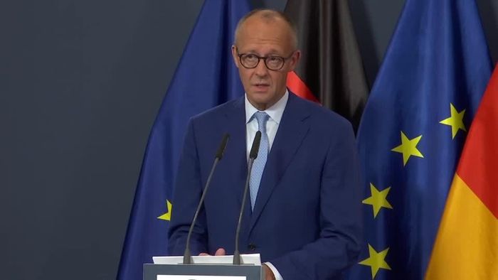 Thủ tướng Đức Friedrich Merz phát biểu tại trụ sở CDU ở Berlin ngày 20-9 sau khi đài truyền hình ARD đưa ra dự báo kết quả bầu cử. Ảnh: Reuters