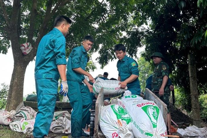 Lực lượng chức năng khắc phục sự cố đê tả Đáy tại xã Vân Đình. Ảnh: UBND xã Vân Đình.