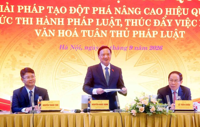 Phó Chủ tịch Quốc hội Nguyễn Khắc Định phát biểu tại hội thảo. Ảnh: BTP