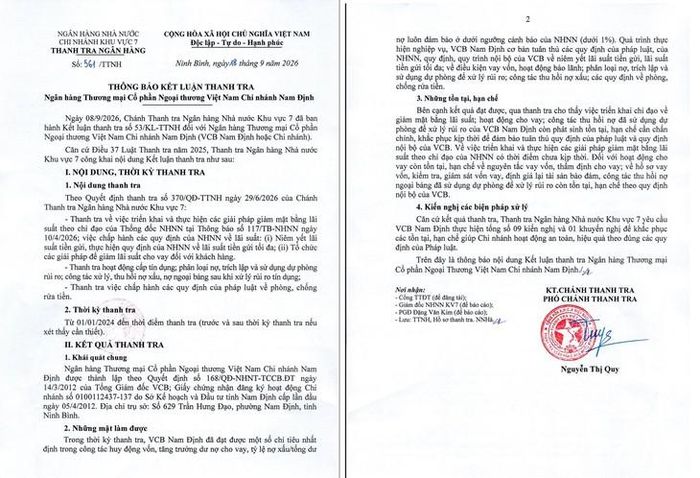 Kết luận thanh tra Vietcombank Nam Định.