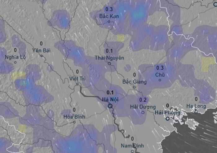 Dự báo của mô hình ECMWF (châu Âu) về khả năng mưa ở một số khu vực tại miền Bắc tối Trung thu (25/9); những con số trong hình là lượng mưa dự báo trong 3 giờ, có thể thấy là nếu có mưa thì cũng không đáng kể. Ảnh: Ventusky, ECMWF.