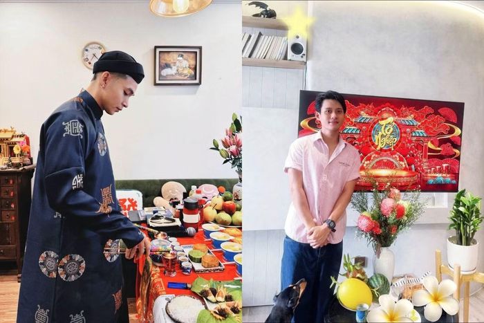 Ca sĩ Jun Phạm diện bộ áo dài vía cho ngày lễ Tổ, diễn viên Đình Khang hạnh phúc chia sẻ: "Một năm vừa qua như một giấc mơ với mình, sự may mắn đó sẽ là động lực thật lớn để bản thân mình cố gắng nhiều hơn nữa và có trách nhiệm với sự nghiệp hơn".