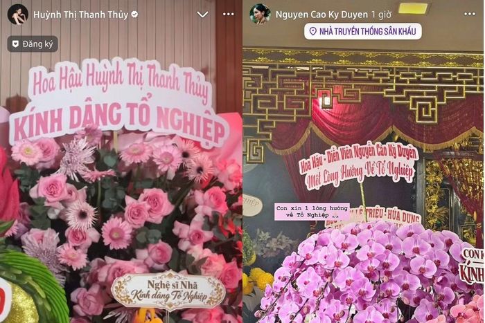 Hoa hậu Thanh Thủy - Hoa hậu Kỳ Duyên gửi những lẵng hoa dâng lên Tổ nghiệp.