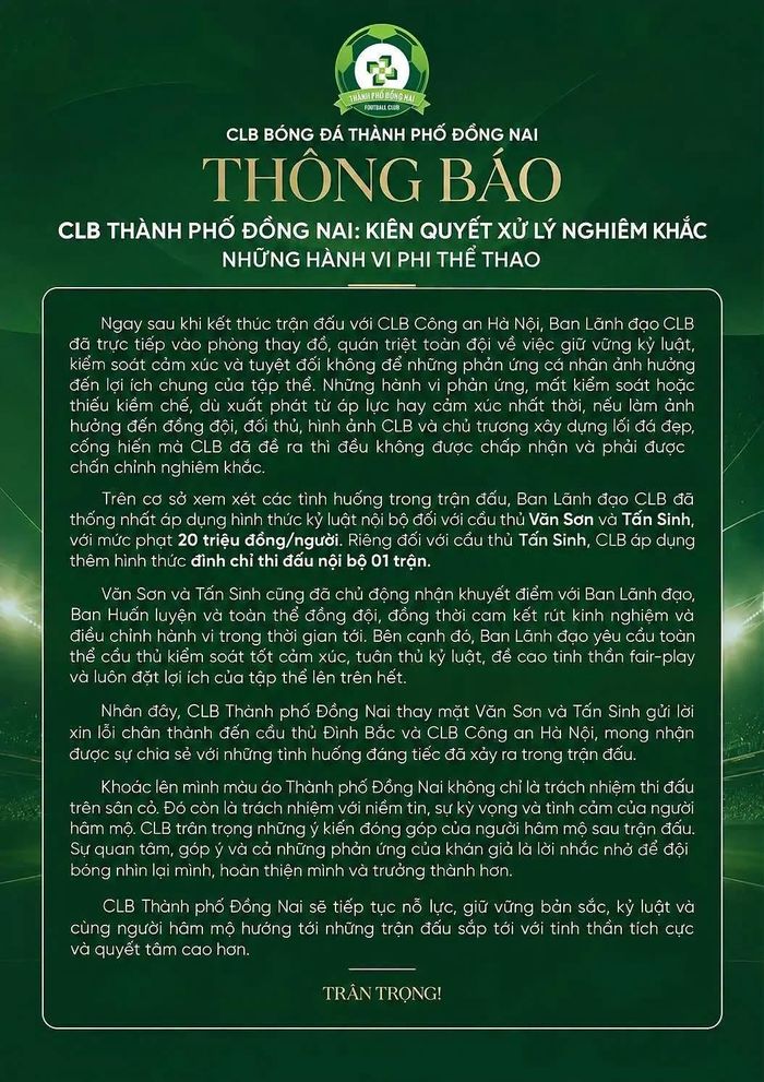  Thông báo của CLB Đồng Nai. Đồ họa: CLB Đồng Nai. 