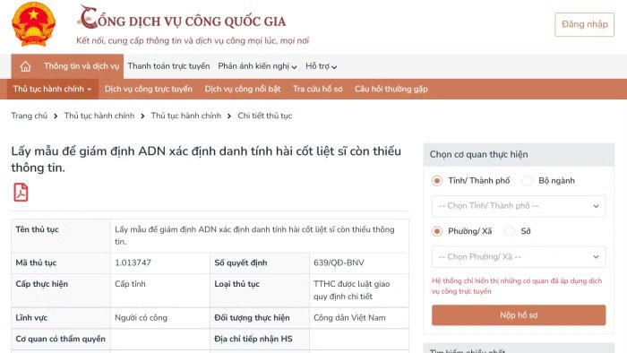 Thủ tục "Lấy mẫu để giám định ADN xác định danh tính hài cốt liệt sĩ còn thiếu thông tin" trên Cổng Dịch vụ công quốc gia.