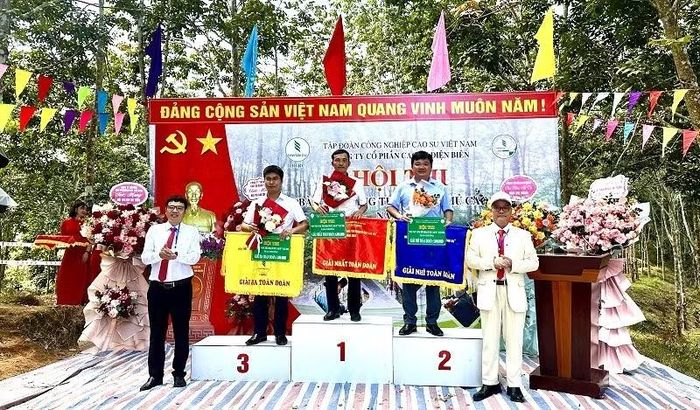 Lãnh đạo Công ty trao giải Nhất, Nhì, Ba cho 3 đội cao su có công nhân tham dự cuộc thi. (Ảnh: LÊ LAN)