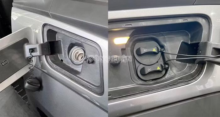 Cửa đổ nhiên liệu (trái) và cổng sạc trên VinFast VF Wild.