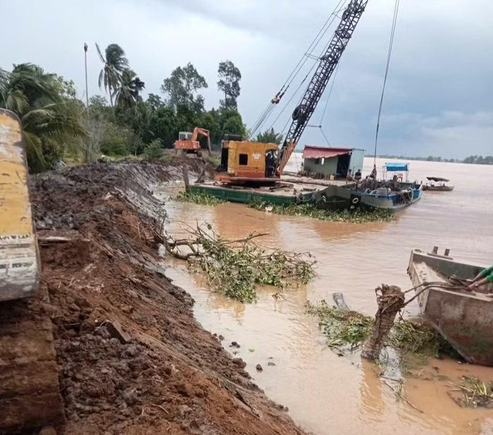 Hồi cuối tháng 7 vừa qua, sạt lở cũng cuốn trôi 46m đê, ăn sâu vào bờ cồn Thanh Long khoảng 3m, tạo thành hố sâu. Chính quyền địa phương huy động lực lượng gia cố tạm thời.