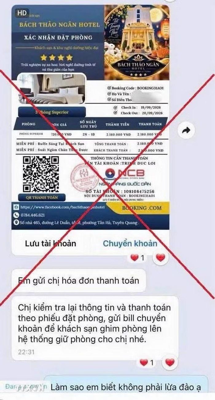 Fanpage giả mạo cơ sở lưu trú để lừa đảo chiếm đoạt tiền của người dân. (Ảnh: TTXVN phát)