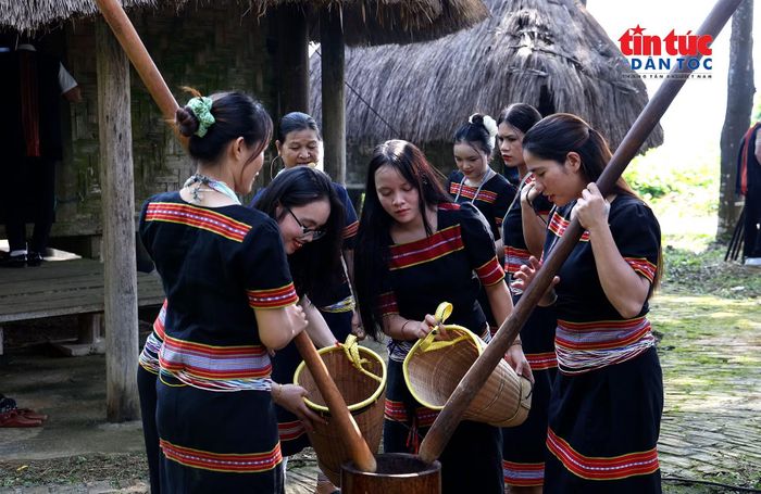 Những thiếu nữ Giẻ Triêng cùng nhau giã lúa, chuẩn bị lương thực cho ngày hội.