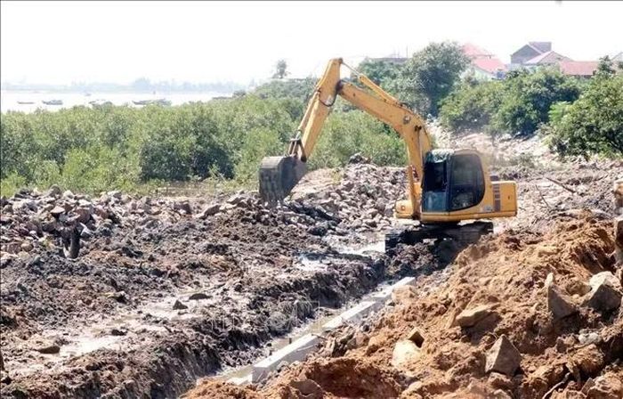 Cấp tập thi công tại kè biển đoạn qua xã Mai Phụ. Ảnh: Công Tường/TTXVN