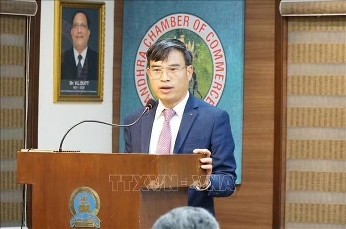 Tham tán Thương mại, Trưởng Thương vụ Việt Nam tại Ấn Độ Bùi Trung Thướng đưa ra nhiều đề xuất về thúc đẩy thương mại và đầu tư giữa Việt Nam và bang Tamil Nadu nói riêng, Ấn Độ nói chung. Ảnh: Vũ Hà/TTXVN
