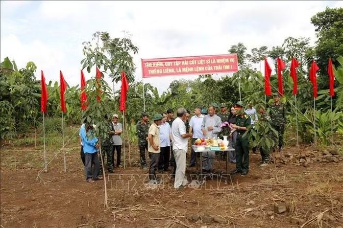 Đội tìm kiếm, quy tập hài cốt liệt sĩ thảo luận vị trí trước khi khi tiến hành khai quật tại thôn Đắc Thọ, xã Hoài Đức (Lâm Đồng).