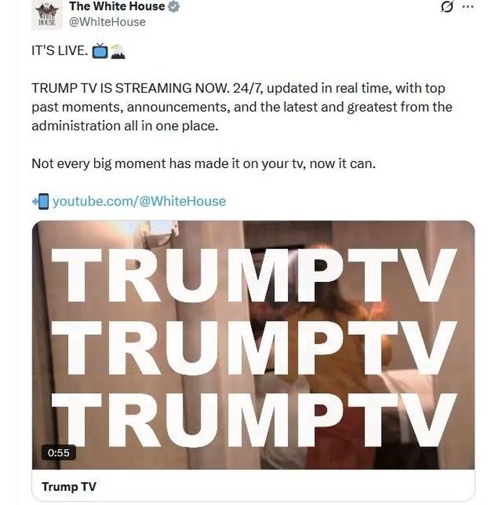 Nhà Trắng đăng dòng trạng thái giới thiệu Trump TV trên trang xã hội X. Ảnh chụp màn hình