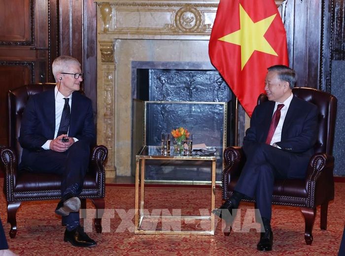Tổng Bí thư, Chủ tịch nước Tô Lâm tiếp ông Tim Cook, Chủ tịch điều hành Tập đoàn Apple. Ảnh: Thống Nhất – TTXVN 