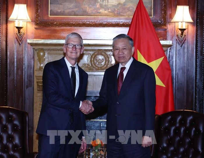 Tổng Bí thư, Chủ tịch nước Tô Lâm tiếp ông Tim Cook, Chủ tịch điều hành Tập đoàn Apple. Ảnh: Thống Nhất – TTXVN