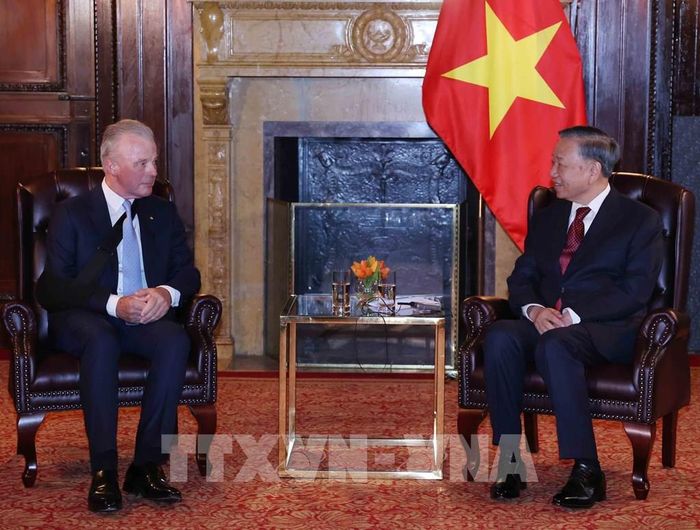 Tổng Bí thư, Chủ tịch nước Tô Lâm tiếp ông Brendan Nelson, Chủ tịch Boeing Global, Phó Chủ tịch cấp cao Tập đoàn Boeing. Ảnh: Thống Nhất – TTXVN