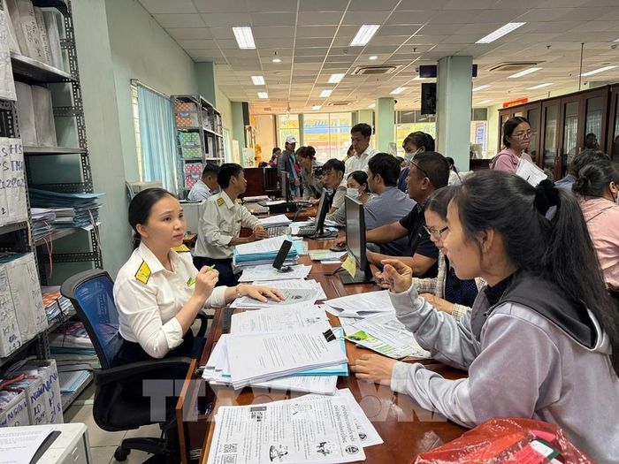 Cán bộ Thuế Cơ sở 12 tập trung giải đáp các vướng mắc cho hộ kinh doanh trước thời điểm chuyển đổi mô hình quản lý thuế. Ảnh: Hứa Chung-TTXVN